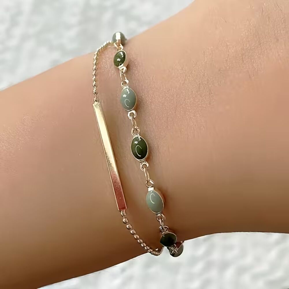 2 Tone Oval Beaded Double Layer Bracelet Adjustable Gold Chain Gemstone Crystal
